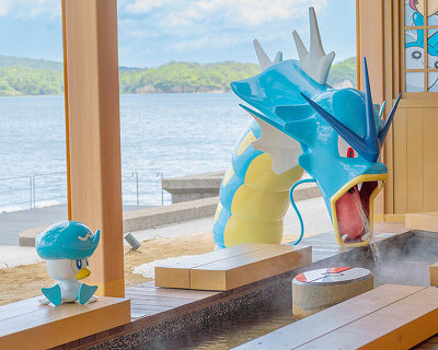 water-type pokémon characters splash into renovated seaside footbath in japan