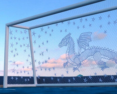 argentine artisans crochet soccer nets into monumental artworks on miami beach
