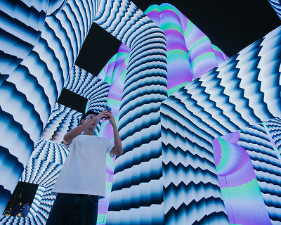 cyril lancelin's tubular installation becomes a walkable cube of light and color in singapore