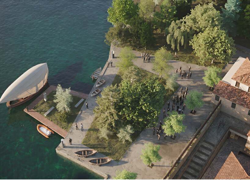 sculptural foldable roof shields white floating micro-home drifting across lake como - 6