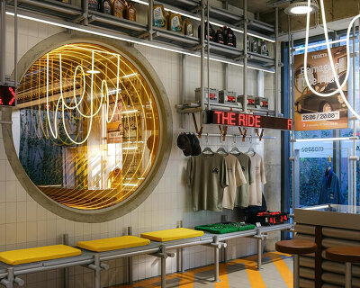 industrial kinetic displays shape hybrid exhibition and automotive service space in tbilisi