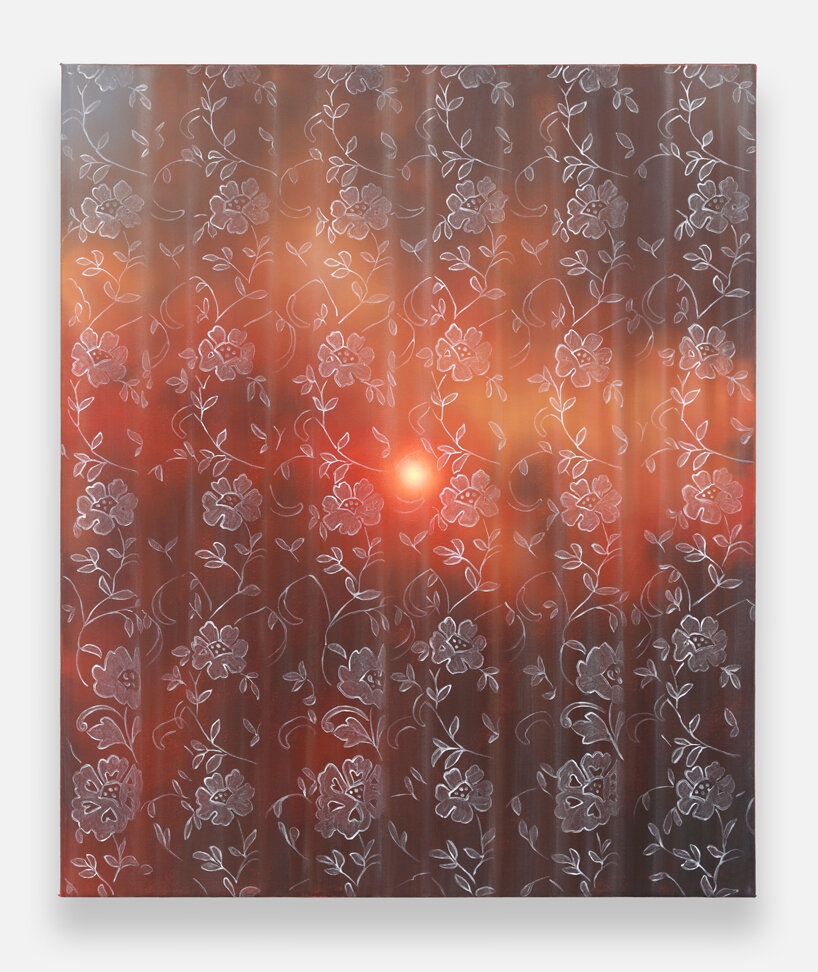 shawn huckins frames painted wildfires and smoke-filled skies behind hyperreal curtains - 6