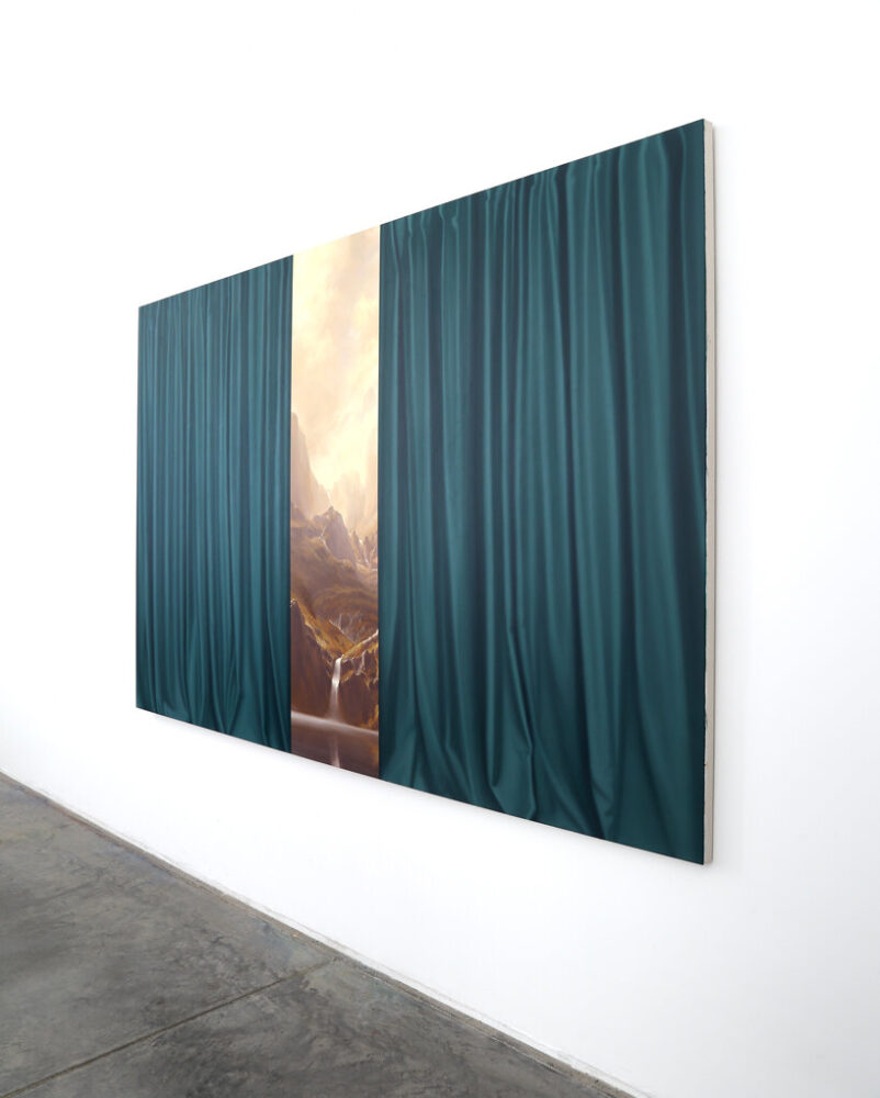 shawn huckins frames painted wildfires and smoke-filled skies behind hyperreal curtains - 9