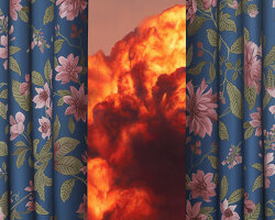 shawn huckins frames painted wildfires and smoke-filled skies behind hyperreal curtains