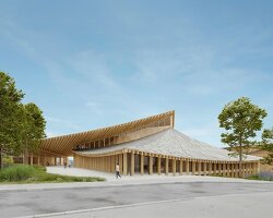 kengo kuma crowns cultural center in switzerland with wing-like timber roofs