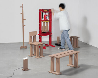 heat-pressed artificial wood melts into organic joints for mocky furniture series