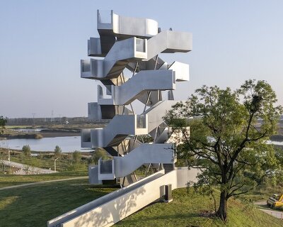 double-helix stairs frame wetland views inside xiang architects’ wuhan observation tower
