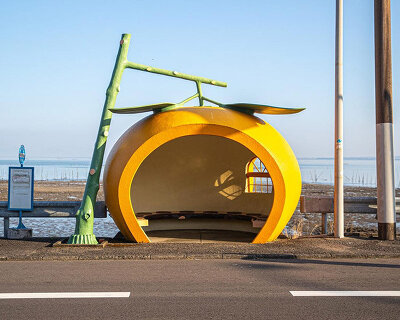 japan's fruit-shaped bus stops offer travelers a sweeter shelter