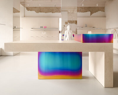 iridescent metal and textured plaster shape rikky hype showroom in kyiv