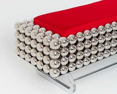reza raeisifar and saber abar stack steel spheres into chairs, lamps and pet homes