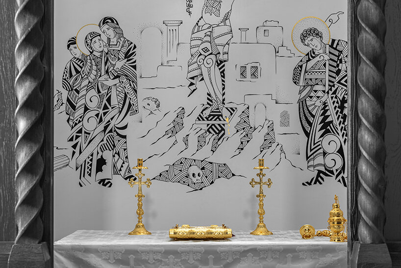 saint of athens reimagines byzantine iconography with black-and-white frescoes in mykonos - 7