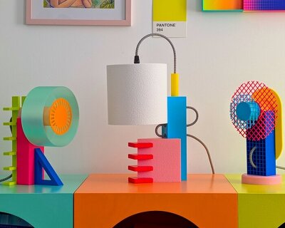 sculptural table lamps combine 3D printing, graphic geometry, and saturated color