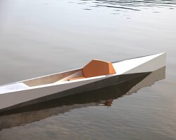 sharp kayak folds aluminum sheet into unsinkable hull with cork seat