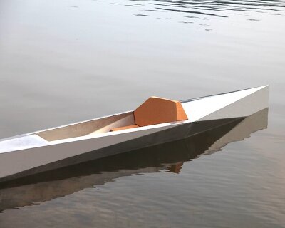 sharp kayak folds aluminum sheet into unsinkable hull with cork seat