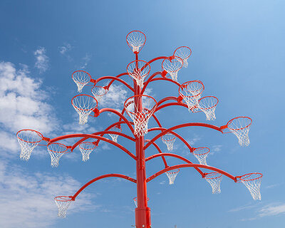 alexandre arrechea grows a playable tree of basketball hoops in toronto