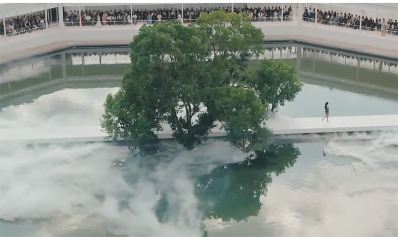bureau betak places a geometric white runway in a mist-filled landscape for dior - 3