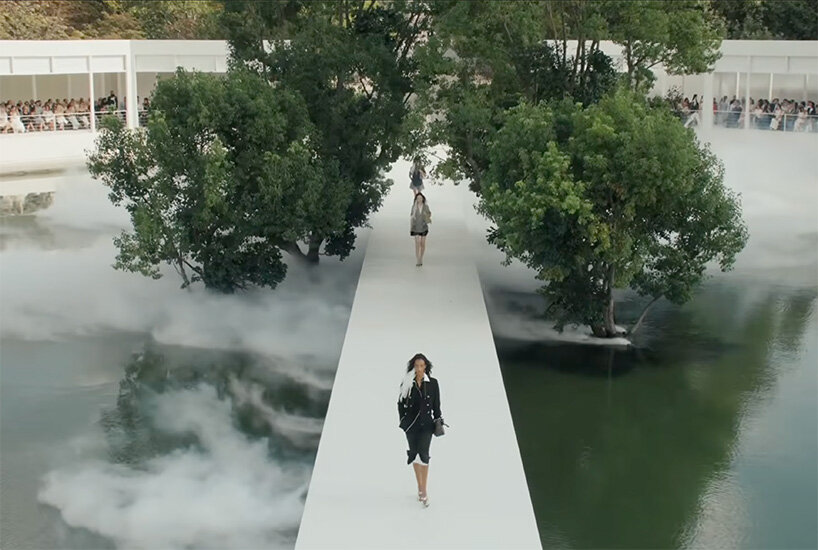 bureau betak places a geometric white runway in a mist-filled landscape for dior - 7