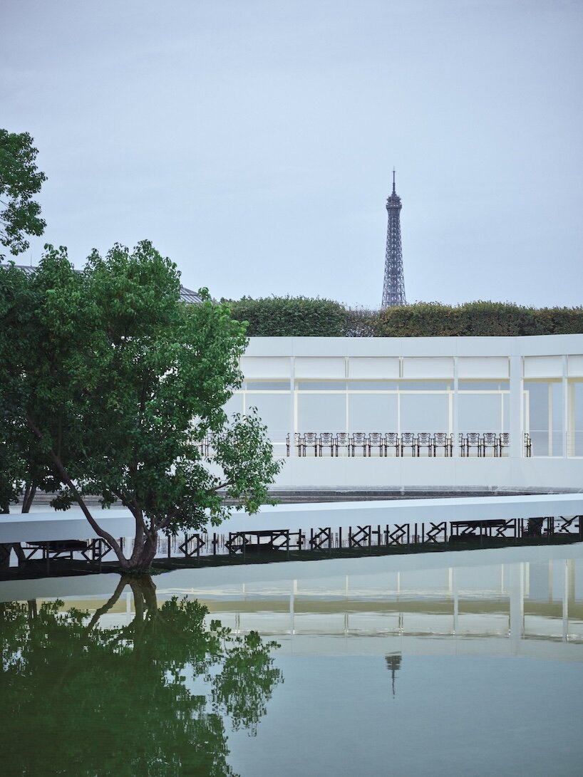 bureau betak places geometric white runway within mist-filled landscape for dior - 4
