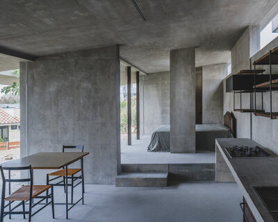overlapping concrete walls and columns blur inside and outside in okinawa house