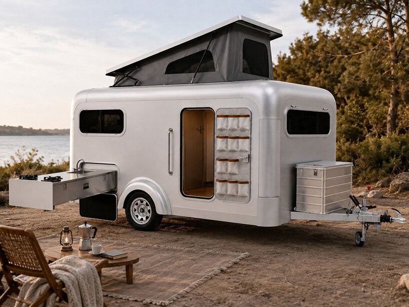 lume traveler’s lightest caravan hides a pull-out kitchen in its aluminum shell - 1