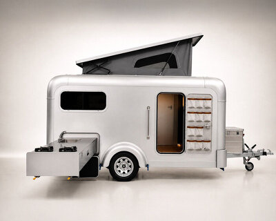 lume traveler’s lightest caravan hides a pull-out kitchen in its aluminum shell