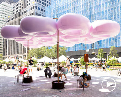 pink inflatable canopy brings soft shade to new york’s streetscape