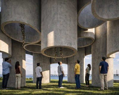 cut, rotated, and suspended concrete pipes create reusable pavilion in mumbai