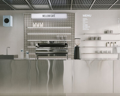 suspended metal grid ceiling meets translucent and reflective surfaces inside french café