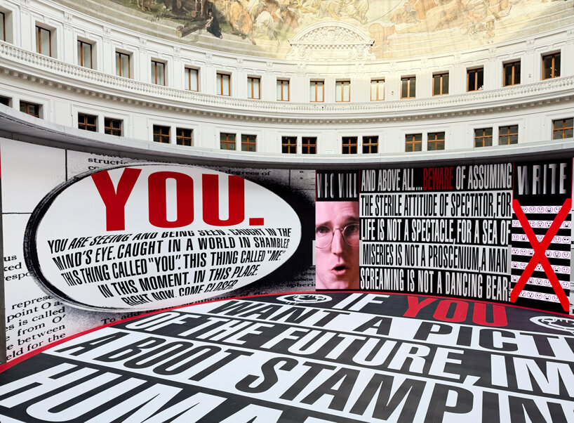 barbara kruger's text work displayed inside Tadao Ando's rotunda at the bourse de commerce