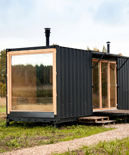 repurposed shipping container becomes 24-sqm birch plywood micro-cabin