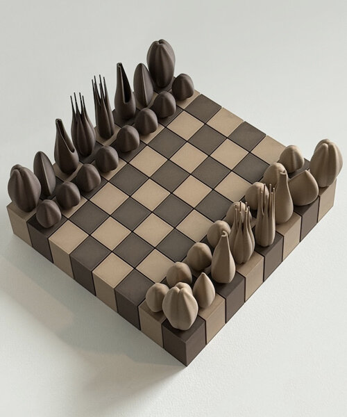 tactile contours and weighted bases shape ergonomic chess set in white oak and walnut
