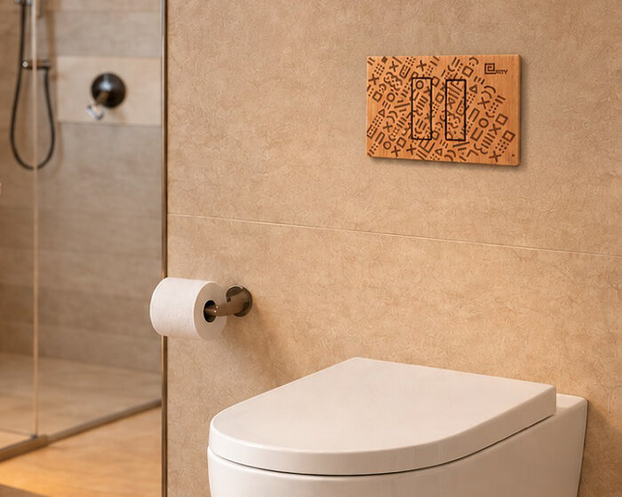 solid walnut, oak, and padauk give bathroom flush plates a sculptural identity