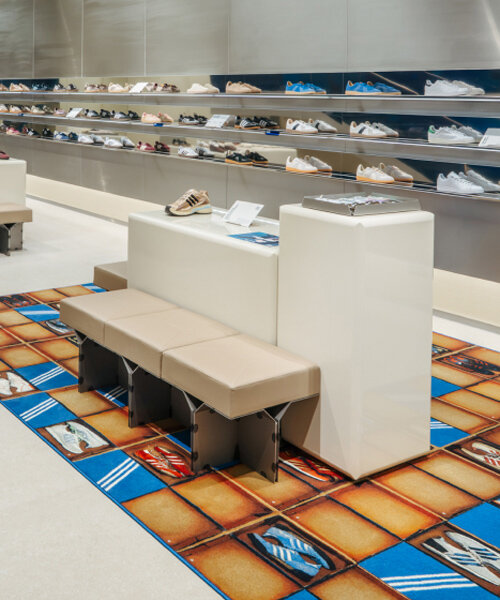 spacon shapes perforated aluminum curtain and vintage shoe box carpets for adidas copenhagen