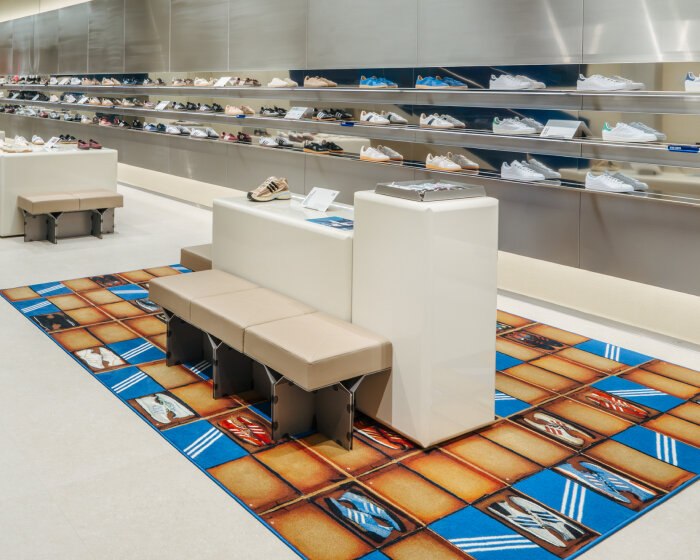 spacon shapes perforated aluminum curtain and vintage shoe box carpets for adidas copenhagen