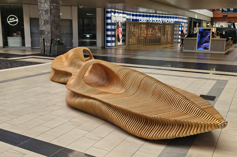 undulating plywood layers form stratum parametric public seating sculpture - 2