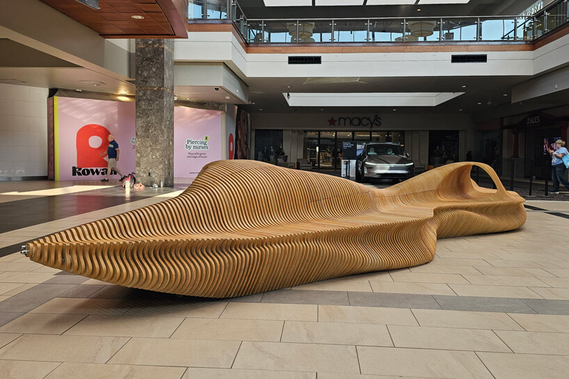 undulating plywood layers form stratum parametric public seating sculpture - 3