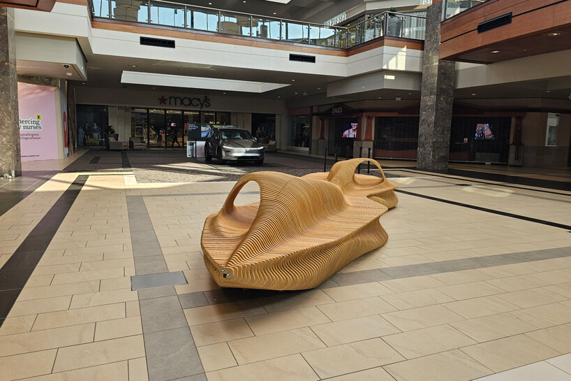 undulating plywood layers form stratum parametric public seating sculpture - 6
