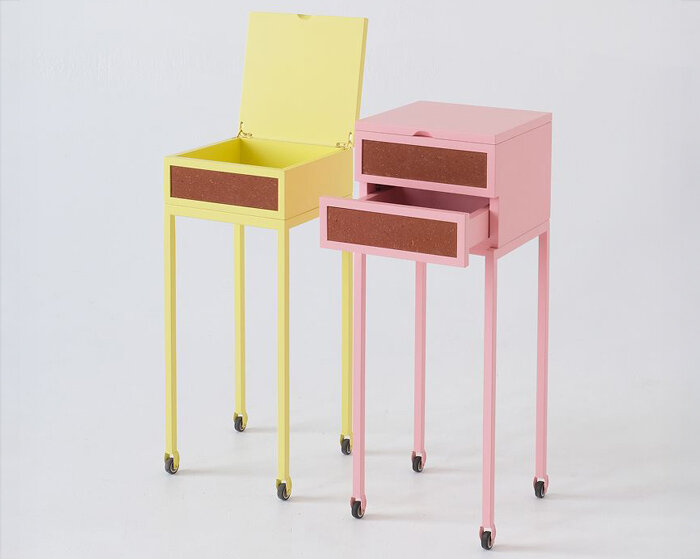 wheeled pencil cabinet’s yellow and pink drawers draw from armenian volcanic stone heritage